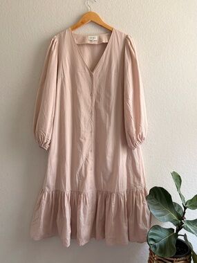 Aura Pale Pink Midi Belted Button Up Dress Lagenlook Ruffle Balloon Sleeve S